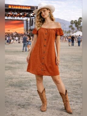 Madewell Burnt Orange Off Shoulder Textured Midi Dress Button Front XS Boho Fall